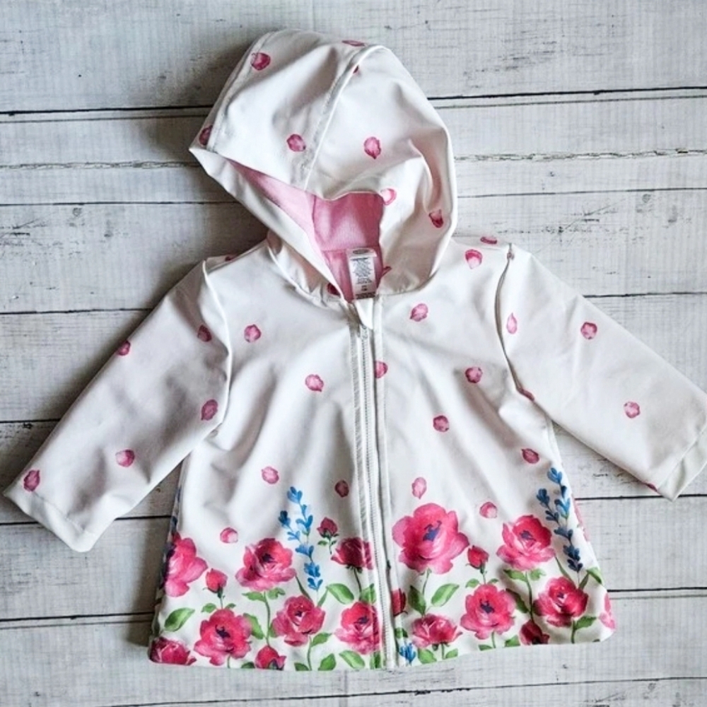 Little Me 12M White Pink Floral‎ Raincoat Hooded Jacket Bow Back Spring